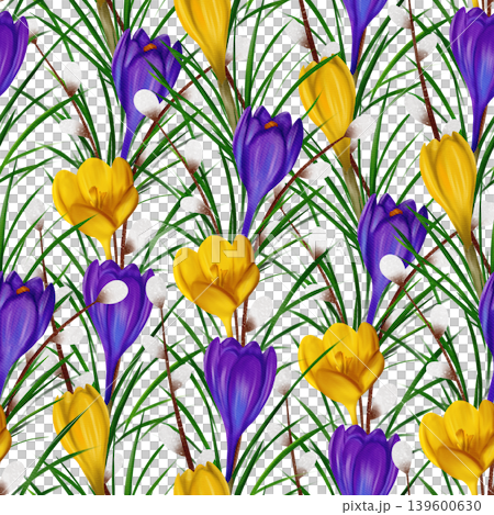 Violet and yellow crocuses, green branches, willow branches. Seamless floral botanical pattern. Digital watercolor Violet and yellow crocuses, green branches, willow branches. Seamless floral botanical pattern. Digital watercolor 139600630