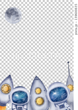 Rectangular frame with astronauts, rockets, Moon, sky background. Digital watercolor. Cute for the kids design Rectangular frame with astronauts, rockets, Moon, sky background. Digital watercolor. Cute for the kids design 139600635