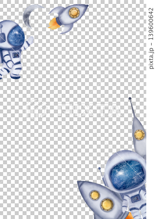 Rectangular frame with astronauts, rockets, Moon, sky background. Digital watercolor 139600642