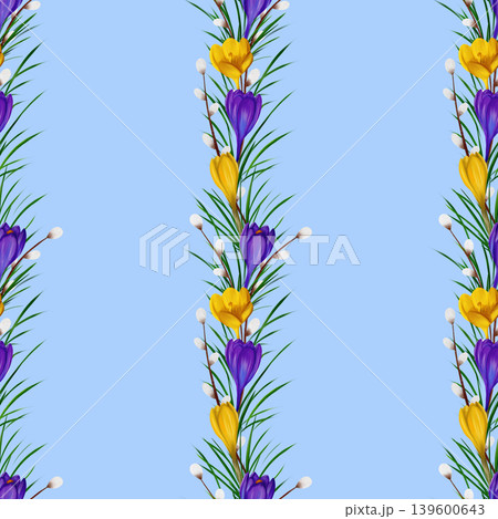 Violet and yellow crocuses, green branches, willow branches. Seamless floral botanical pattern. Digital watercolor Violet and yellow crocuses, green branches, willow branches. Seamless floral botanical pattern. Digital watercolor 139600643