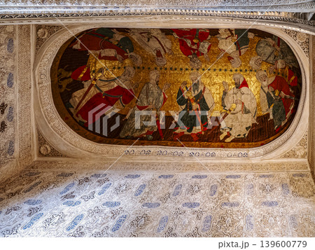 Ornate Islamic Ceiling painting in the Sala de los Reyes, the Alhambra Site in Granada, Spain Ornate Islamic Ceiling painting in the Sala de los Reyes, the Alhambra Site in Granada, Spain 139600779