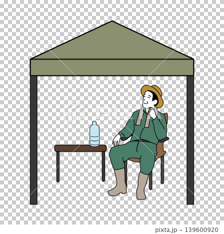 An illustration of a farmer wearing a straw hat, sitting on a chair in the shade of a tent to rest during a break from farm work. An illustration of a farmer wearing a straw hat, sitting on a chair in the shade of a tent to rest during a break from farm work. 139600920