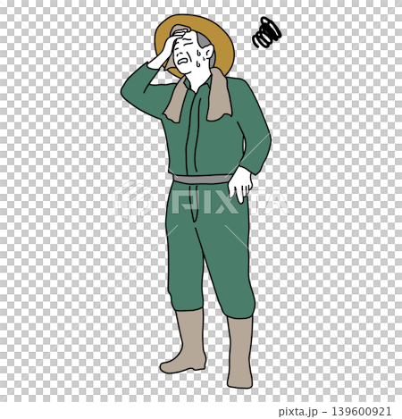 An illustration of a farmer wearing a straw hat, sweating profusely and holding his head, showing symptoms of heatstroke while working in the fields. An illustration of a farmer wearing a straw hat, sweating profusely and holding his head, showing symptoms of heatstroke while working in the fields. 139600921