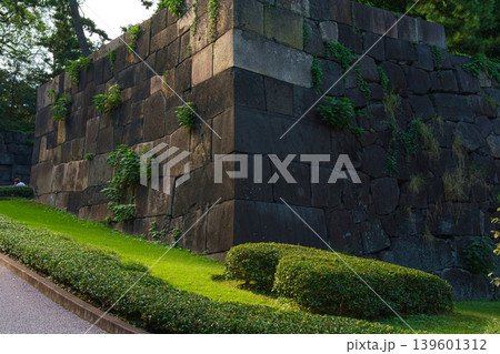 Tokyo, Japan - Oct 01 2024, A panoramic view of the fortress wall partially covered with plants in the East Garden of the Tokyo Imperial Palace, without people, Tokyo, Japan 139601312