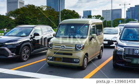 Tokyo, Japan - Oct 1 2024, a panoramic view of a Honda NVAN kei car parked in a parking lot surrounded by other cars, at daytime, Tokyo, Japan 139601458
