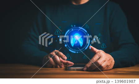Man using smartphone with cybersecurity bug icon for virus and malware alert. Hacker threat system warning on internet technology for data security and protection. Man using smartphone with cybersecurity bug icon for virus and malware alert. Hacker threat system warning on internet technology for data security and protection. 139601987