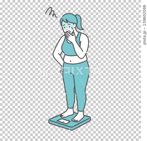 体重測定をしてショックを受ける成人女性のイラスト（肥満体型） 139602086