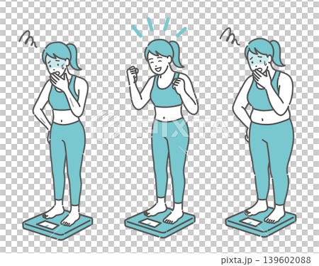 A set of illustrations showing adult women weighing themselves, categorized by body type (slim, normal, obese). A set of illustrations showing adult women weighing themselves, categorized by body type (slim, normal, obese). 139602088