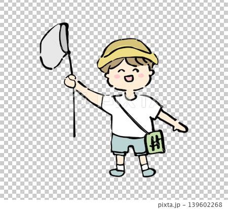 A hand-drawn illustration of a boy holding a butterfly net, wearing a hat, in the summer. A hand-drawn illustration of a boy holding a butterfly net, wearing a hat, in the summer. 139602268