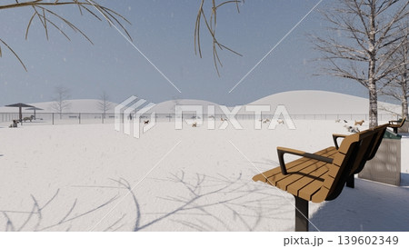 雪の中 広々としたドッグランと遊ぶ犬たちの風景 人物あり(3DCG・イラスト) 雪の中 広々としたドッグランと遊ぶ犬たちの風景 人物あり(3DCG・イラスト) 139602349