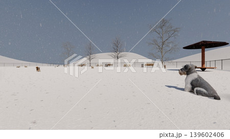 雪の中 広々としたドッグランと遊ぶ犬たちの風景 人物あり(3DCG・イラスト) 雪の中 広々としたドッグランと遊ぶ犬たちの風景 人物あり(3DCG・イラスト) 139602406