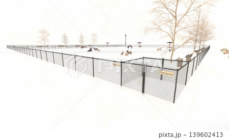 雪の中 広々としたドッグランと遊ぶ犬たちの風景 人物あり(3DCG・イラスト) 雪の中 広々としたドッグランと遊ぶ犬たちの風景 人物あり(3DCG・イラスト) 139602413
