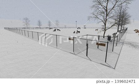 雪の中 広々としたドッグランと遊ぶ犬たちの風景 人物あり(3DCG・イラスト) 雪の中 広々としたドッグランと遊ぶ犬たちの風景 人物あり(3DCG・イラスト) 139602471