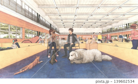 体育館に設置された避難所の様子（多くの人々とペットの犬と猫が滞在）3DCG イラスト 139602534
