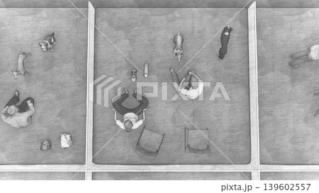 体育館に設置された避難所の様子(多くの人々とペットの犬と猫が滞在)3DCG イラスト 体育館に設置された避難所の様子(多くの人々とペットの犬と猫が滞在)3DCG イラスト 139602557