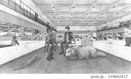 体育館に設置された避難所の様子(多くの人々とペットの犬と猫が滞在)3DCG イラスト 体育館に設置された避難所の様子(多くの人々とペットの犬と猫が滞在)3DCG イラスト 139602617