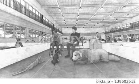 体育館に設置された避難所の様子(多くの人々とペットの犬と猫が滞在)3DCG イラスト 体育館に設置された避難所の様子(多くの人々とペットの犬と猫が滞在)3DCG イラスト 139602618