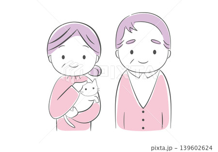 シニア夫婦と猫のイラスト シニア夫婦と猫のイラスト 139602624