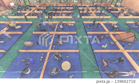 体育館に設置された避難所の様子(多くの人々とペットの犬と猫が滞在)3DCG イラスト 体育館に設置された避難所の様子(多くの人々とペットの犬と猫が滞在)3DCG イラスト 139602710