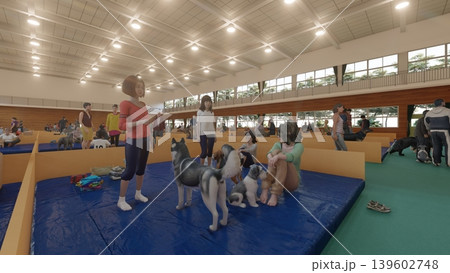 体育館に設置された避難所の様子（多くの人々とペットの犬と猫が滞在）3DCG イラスト 139602748