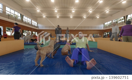 体育館に設置された避難所の様子(多くの人々とペットの犬と猫が滞在)3DCG イラスト 体育館に設置された避難所の様子(多くの人々とペットの犬と猫が滞在)3DCG イラスト 139602751