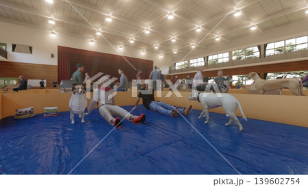 体育館に設置された避難所の様子(多くの人々とペットの犬と猫が滞在)3DCG イラスト 体育館に設置された避難所の様子(多くの人々とペットの犬と猫が滞在)3DCG イラスト 139602754
