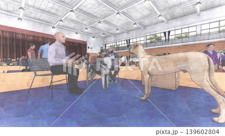 体育館に設置された避難所の様子（多くの人々とペットの犬と猫が滞在）3DCG イラスト 139602804