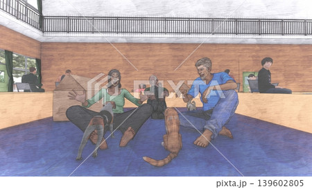 体育館に設置された避難所の様子（多くの人々とペットの犬と猫が滞在）3DCG イラスト 139602805
