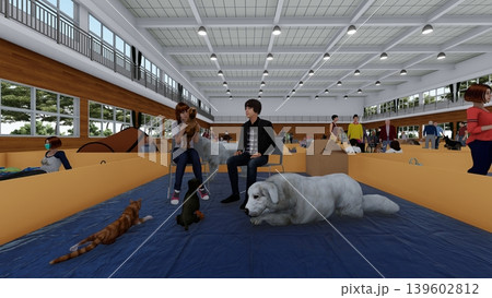 体育館に設置された避難所の様子(多くの人々とペットの犬と猫が滞在)3DCG イラスト 体育館に設置された避難所の様子(多くの人々とペットの犬と猫が滞在)3DCG イラスト 139602812