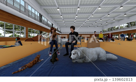 体育館に設置された避難所の様子(多くの人々とペットの犬と猫が滞在)3DCG イラスト 体育館に設置された避難所の様子(多くの人々とペットの犬と猫が滞在)3DCG イラスト 139602813