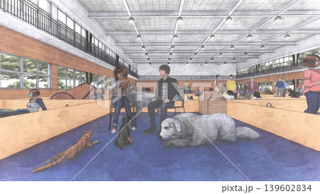 体育館に設置された避難所の様子（多くの人々とペットの犬と猫が滞在）3DCG イラスト 139602834