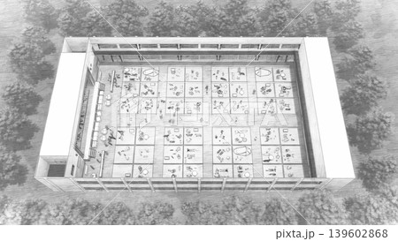 体育館に設置された避難所の様子（多くの人々とペットの犬と猫が滞在）3DCG イラスト 139602868