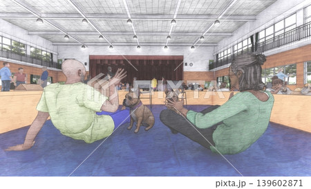 体育館に設置された避難所の様子(多くの人々とペットの犬と猫が滞在)3DCG イラスト 体育館に設置された避難所の様子(多くの人々とペットの犬と猫が滞在)3DCG イラスト 139602871