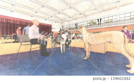 体育館に設置された避難所の様子（多くの人々とペットの犬と猫が滞在）3DCG イラスト 139602882