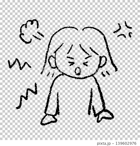 一幅手繪插圖，描繪了一位因更年期症狀而持續煩躁的女性。 139602976