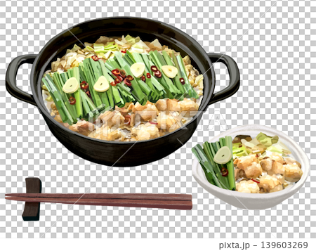 Motsunabe (offal hot pot) with serving plate and chopsticks. Motsunabe (offal hot pot) with serving plate and chopsticks. 139603269