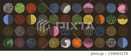 Hand drawn round abstract backgrounds patterns set doodle spots strokes crayon curves lines scribble Hand drawn round abstract backgrounds patterns set doodle spots strokes crayon curves lines scribble 139603279