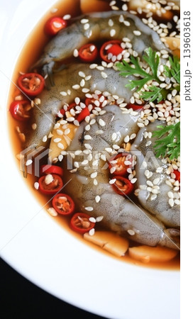 shrimp in soy sauce on white plate, korean style menu 139603618