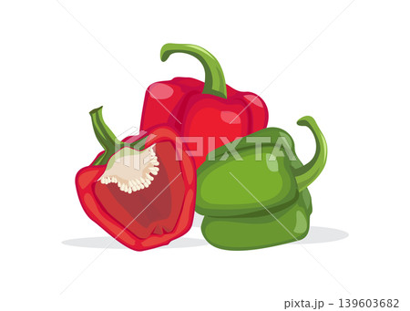 Red and Green Bell Peppers Fresh Whole and Sliced Stock Illustration. Red and Green Bell Peppers Fresh Whole and Sliced Stock Illustration. 139603682