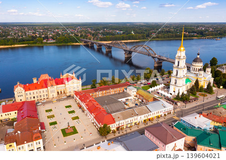 Drone view of the city of Rybinsk with the bridge over the Volga River Drone view of the city of Rybinsk with the bridge over the Volga River 139604021