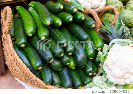 View of zucchini, put up for sale in a store View of zucchini, put up for sale in a store 139604023
