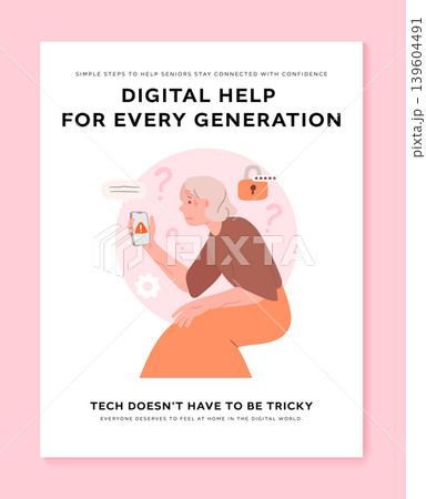 Senior Woman Character Struggling with Smartphone Warning Alert Flat Illustration Poster Template 139604491