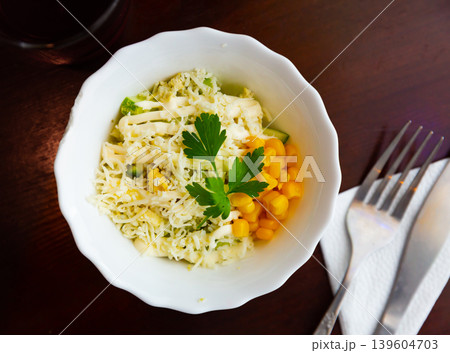 Vegetarian salad with corn, cheese and mayonnaise Vegetarian salad with corn, cheese and mayonnaise 139604703