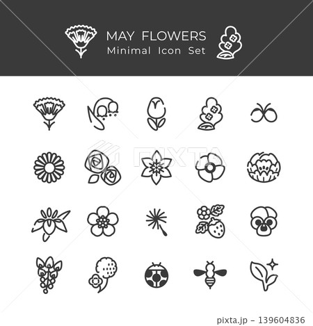 5月の花のミニマル線画アイコン20個セット(スミ黒、アウトライン、塗り絵、ナチュラル) 5月の花のミニマル線画アイコン20個セット(スミ黒、アウトライン、塗り絵、ナチュラル) 139604836