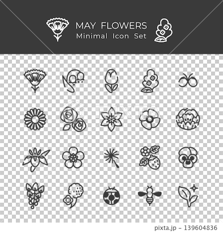 5月の花のミニマル線画アイコン20個セット(スミ黒、アウトライン、塗り絵、ナチュラル) 5月の花のミニマル線画アイコン20個セット(スミ黒、アウトライン、塗り絵、ナチュラル) 139604836