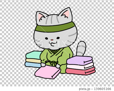 幫忙做家事:一隻貓忍者在摺衣服。 幫忙做家事:一隻貓忍者在摺衣服。 139605166