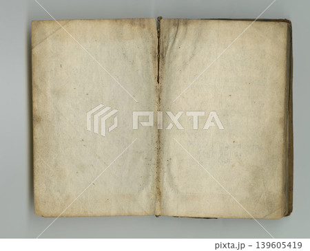 Blank, parchment and old book with paper in vintage texture or faded writing on page. Ancient, manuscript and empty document in history with damaged or stained pages in journal or archive in library 139605419