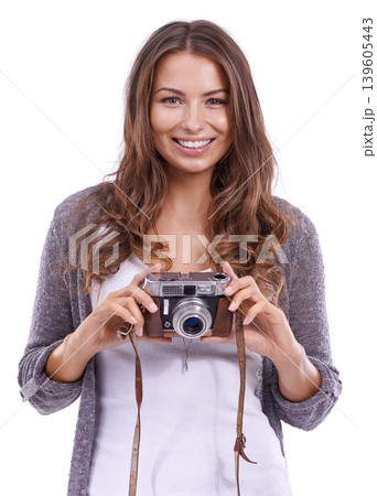 Portrait, photography or happy woman with retro camera in studio for photoshoot, multimedia production or paparazzi on white background. Journalist, creative photographer or content creation for blog Portrait, photography or happy woman with retro camera in studio for photoshoot, multimedia production or paparazzi on white background. Journalist, creative photographer or content creation for blog 139605443