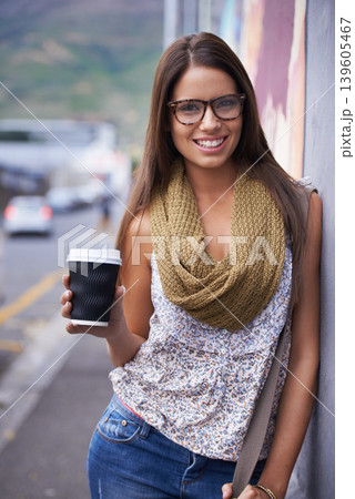Happy, portrait and woman on coffee break in city, street or outdoor on holiday or vacation in summer. Takeaway, tea and college student in town relax with beverage in a cup and freedom on adventure Happy, portrait and woman on coffee break in city, street or outdoor on holiday or vacation in summer. Takeaway, tea and college student in town relax with beverage in a cup and freedom on adventure 139605467