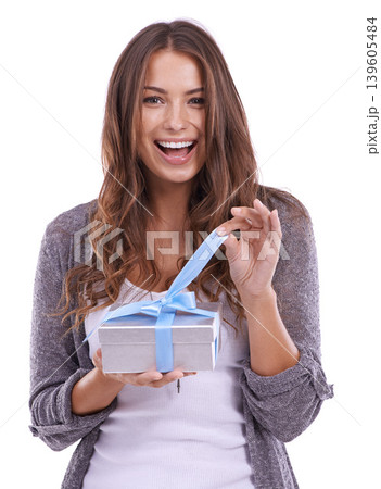 Wow, portrait or woman with gift unboxing in studio for birthday, commerce or package on white background. Face, box or lady model with present, offer or prize promo, cashback or competition giveaway Wow, portrait or woman with gift unboxing in studio for birthday, commerce or package on white background. Face, box or lady model with present, offer or prize promo, cashback or competition giveaway 139605484